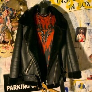 FAUX  Black shearling coat women’s L Rocker biker babe
